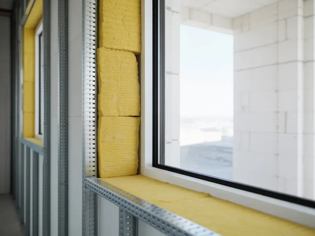 Lana mineral amarilla instalada entre perfiles metálicos junto a ventana para aislamientos térmicos y acústicos.