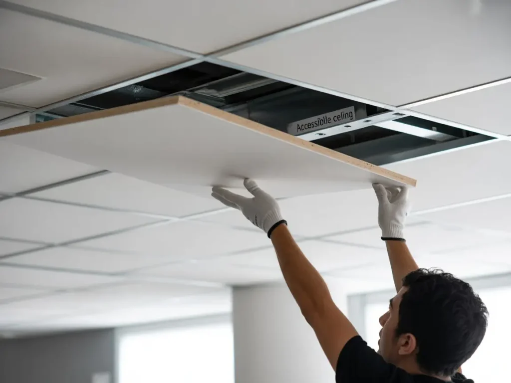 Trabajador coloca panel en estructura metálica de falsos techos con pladur en interior moderno.