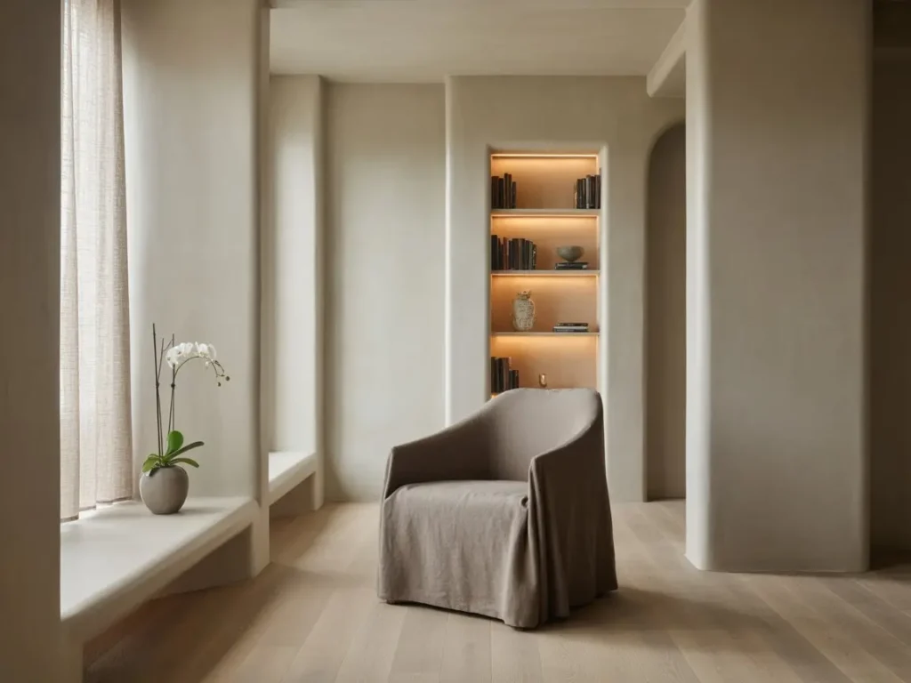 Estantería empotrada de pladur con iluminación cálida y silla frente a ventana con cortina ligera.