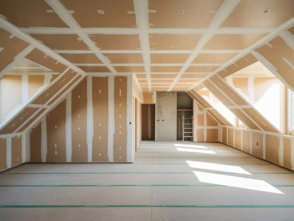 Espacio interior reformado con tabiques y techos de pladur en buhardilla luminosa de vivienda.