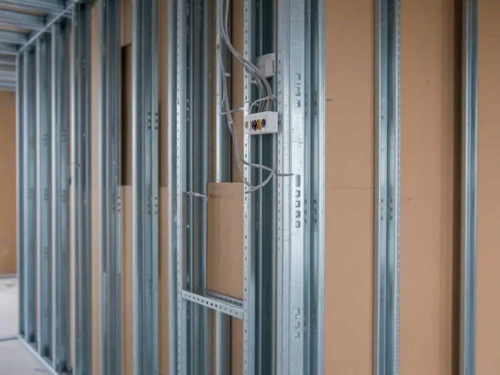 Estructura metálica con instalación eléctrica preparada para montaje de tabiques de pladur en interior.