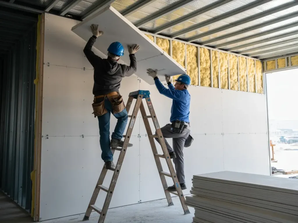 Operarios colocan trasdosados con pladur sobre estructura metálica con aislamiento, usando escaleras en interior.
