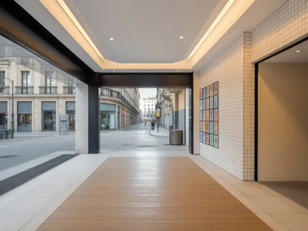 entrada de comercio reformado con paredes de pladur, suelo de madera y techo iluminado