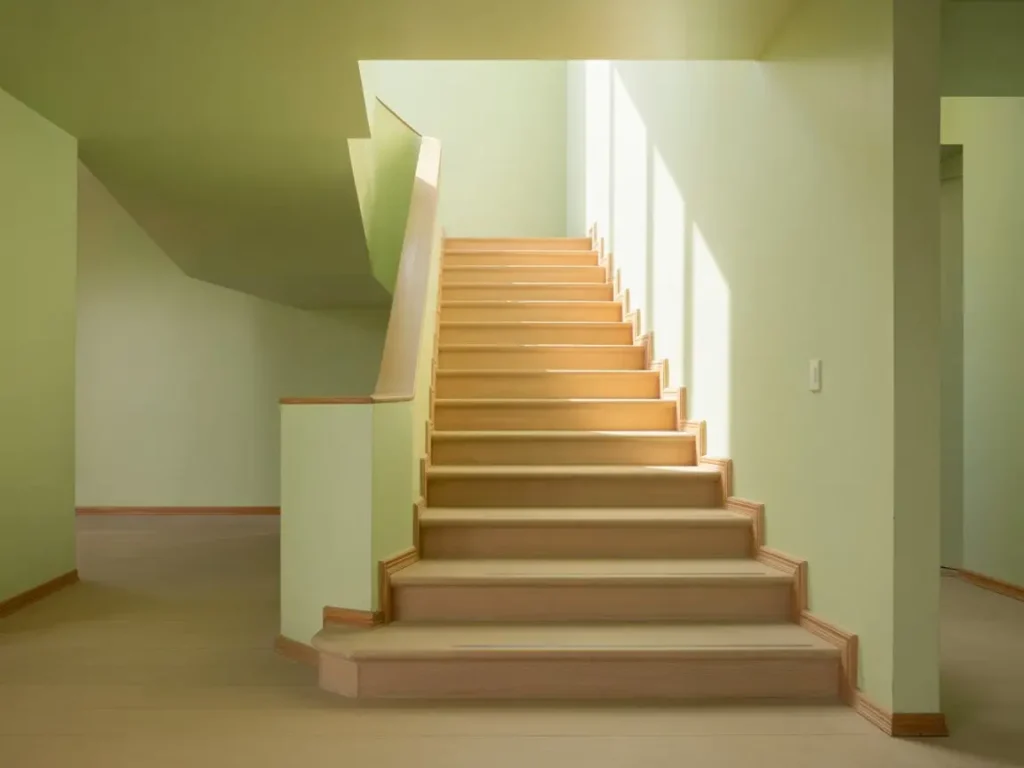 escalera de entrada a finca reformada con paredes de pladur y tonos verdes suaves