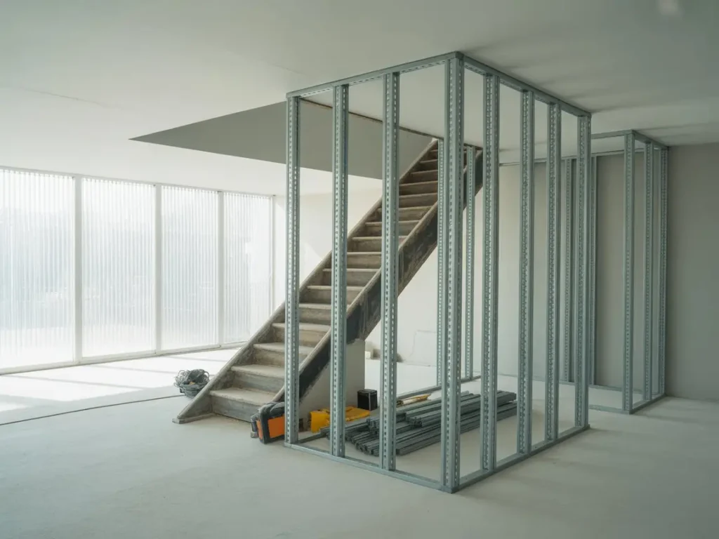 estructura metálica para tabiquería de pladur en obra interior en Torrent, con escalera visible