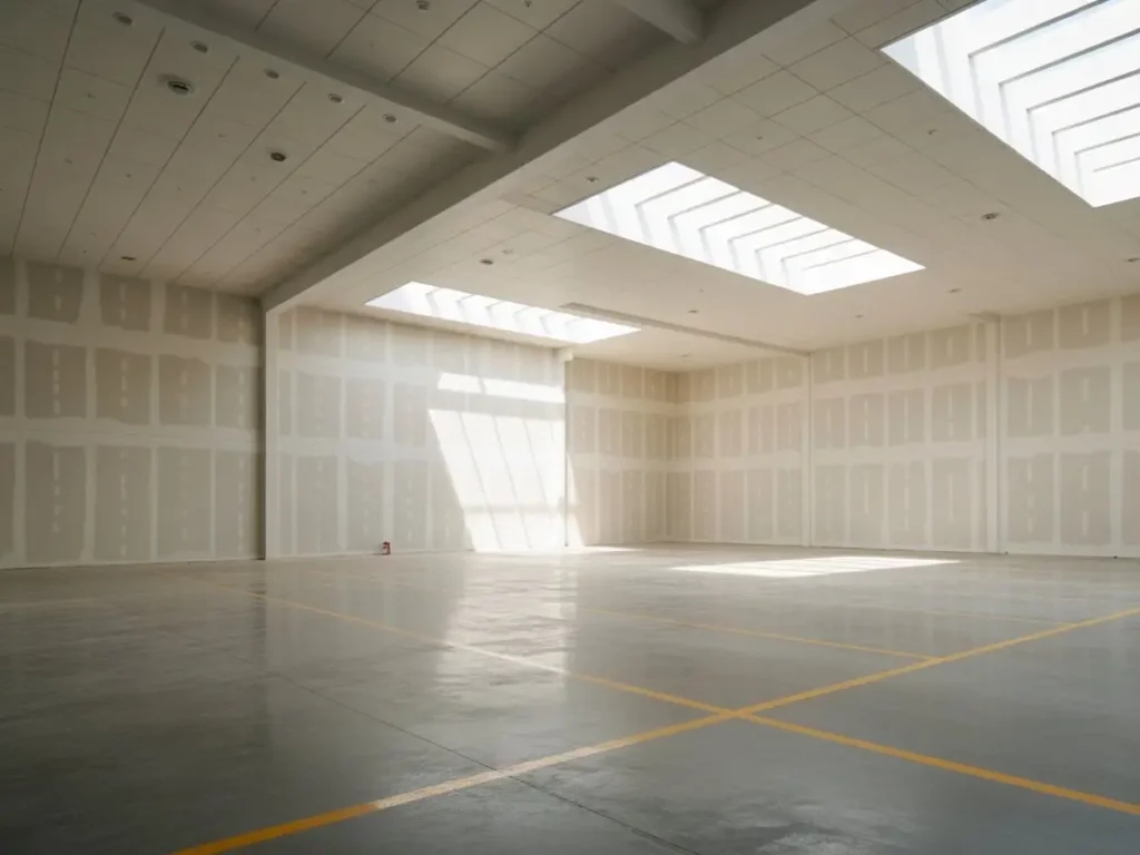 interior de nave industrial reformada con paredes de pladur y lucernarios en el techo