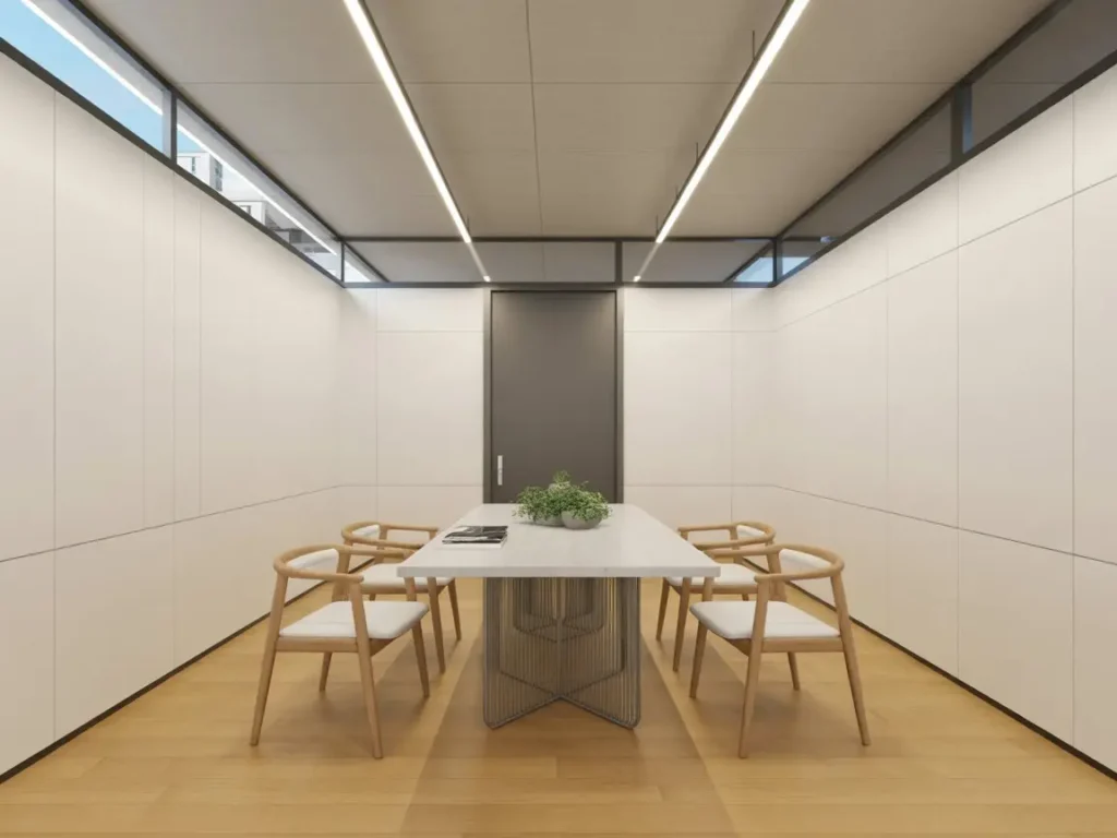 sala de reuniones en Torrent con paredes de pladur, techo técnico y mobiliario moderno