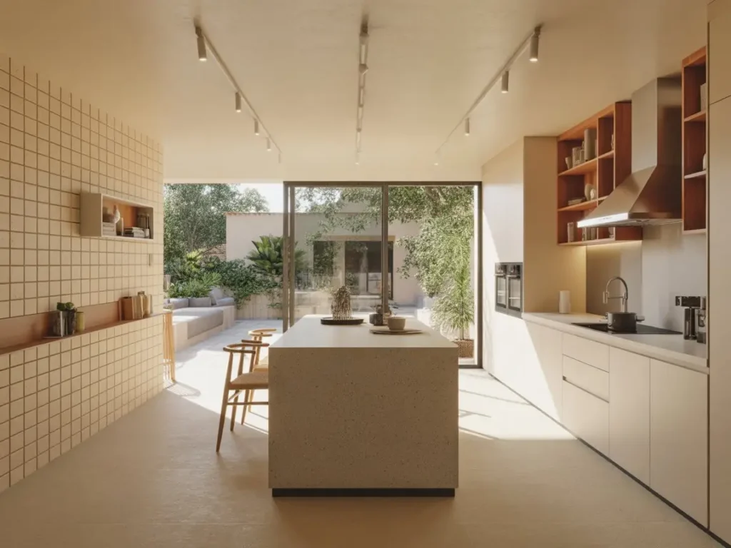 cocina luminosa con isla central y muebles de pladur conectada al exterior en Torrent