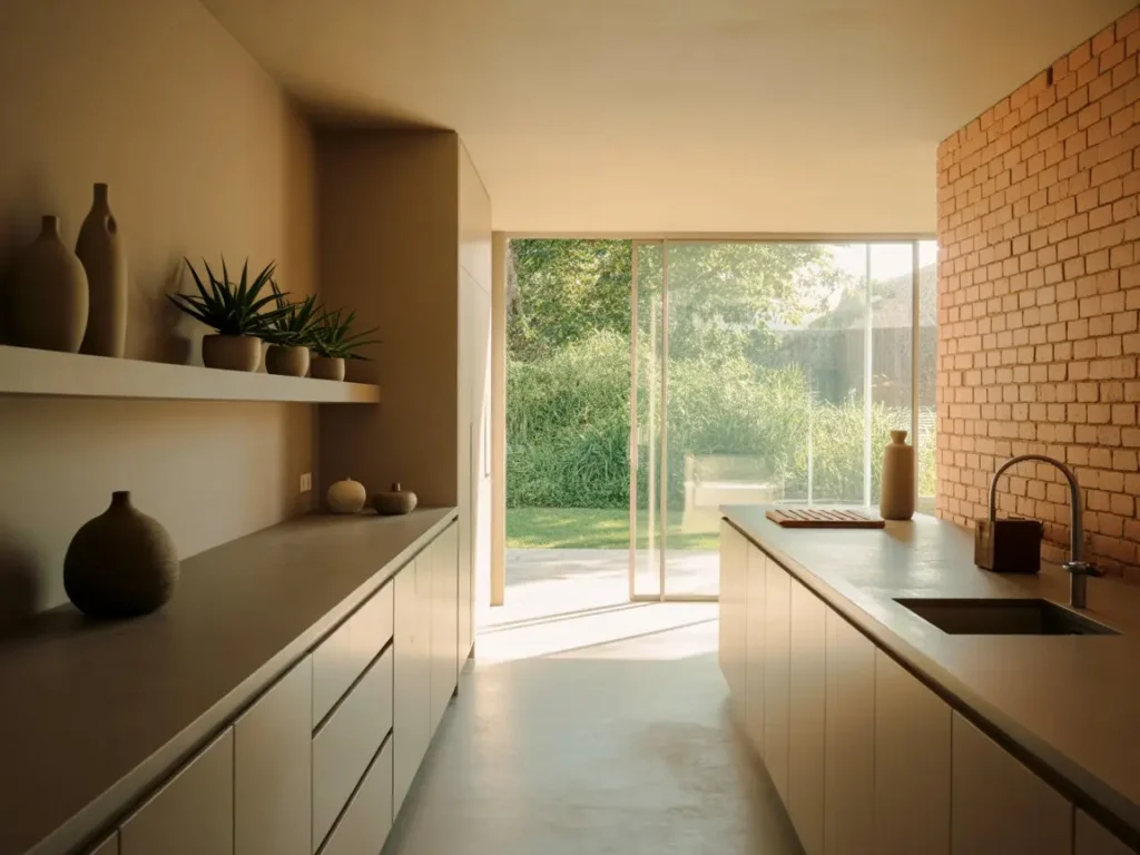 cocina luminosa con muebles de pladur y pared de ladrillo vista en vivienda unifamiliar