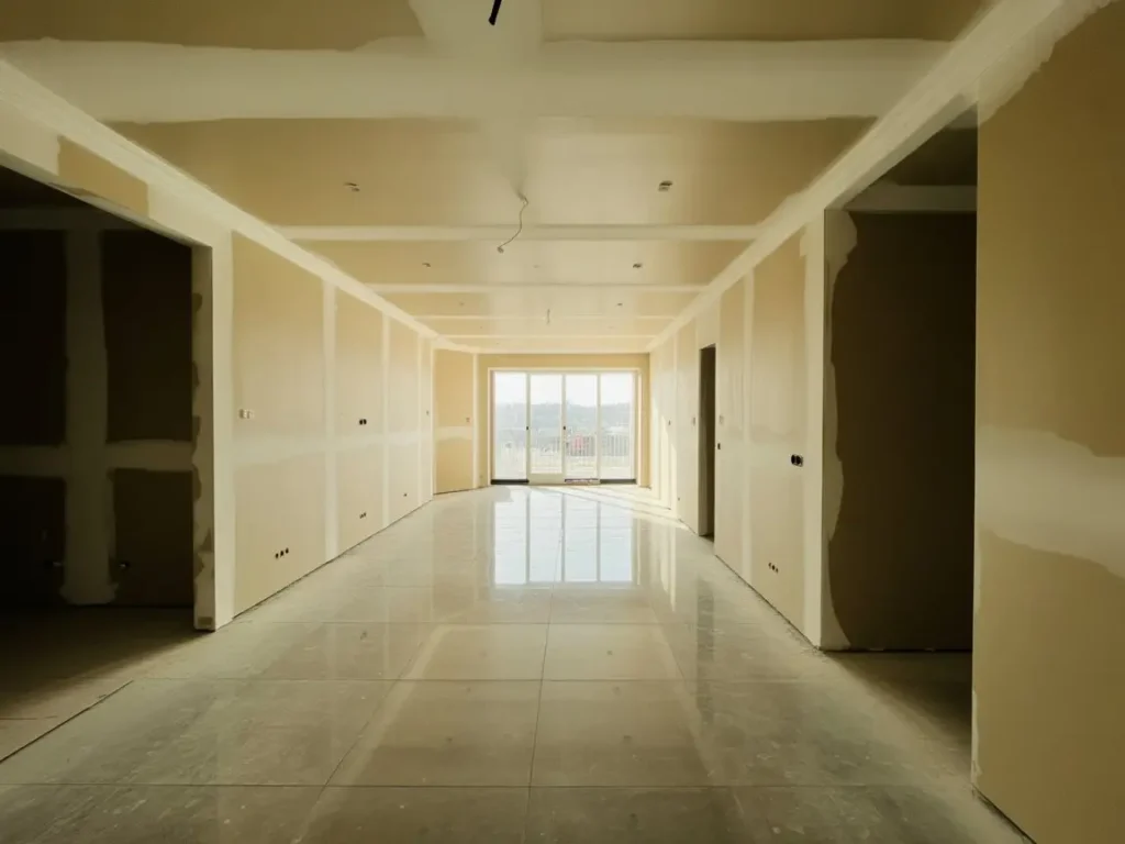 pasillo amplio en chalet con paredes de pladur en fase de reforma interior