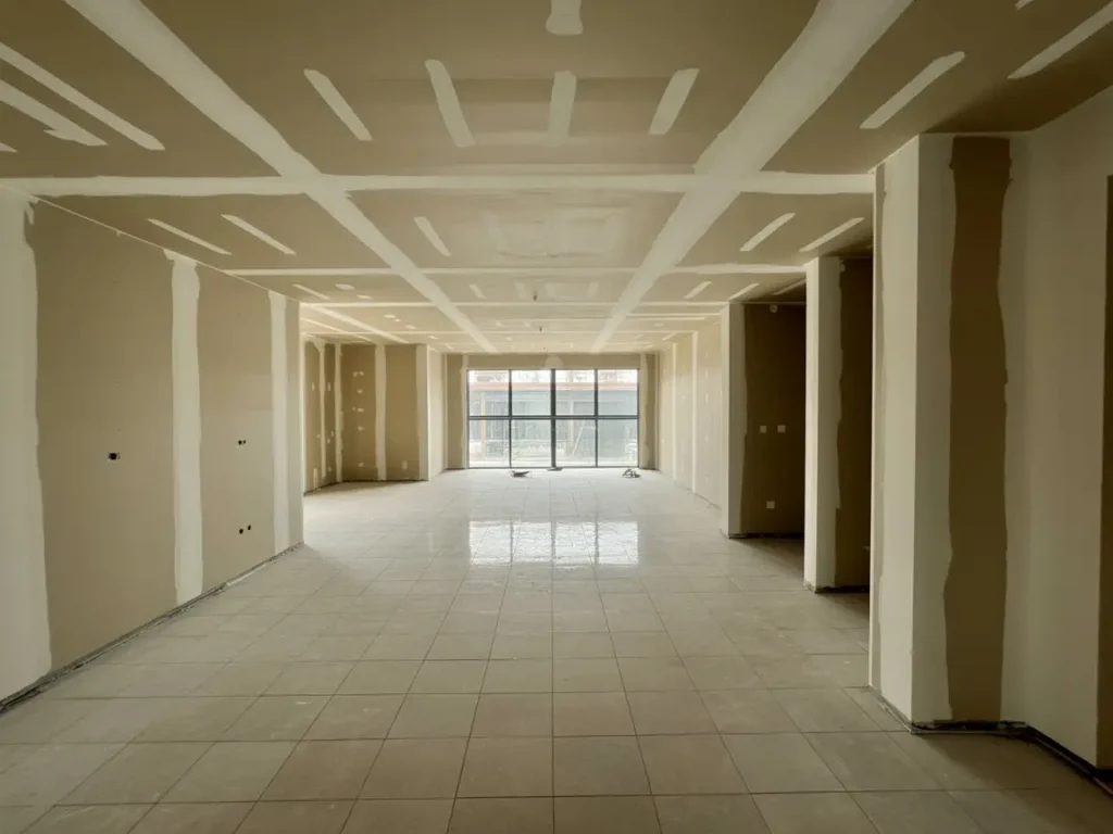 paredes y techos de pladur en proceso de reforma interior de vivienda luminosa