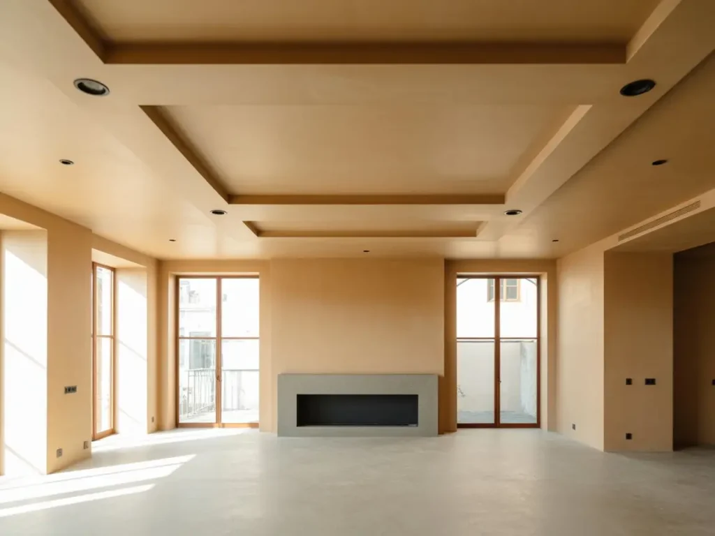 salón luminoso con paredes en pladur y chimenea moderna en una vivienda reformada