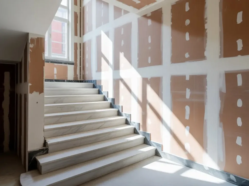 escalera interior de edificio en rehabilitación con paredes de pladur y luz natural