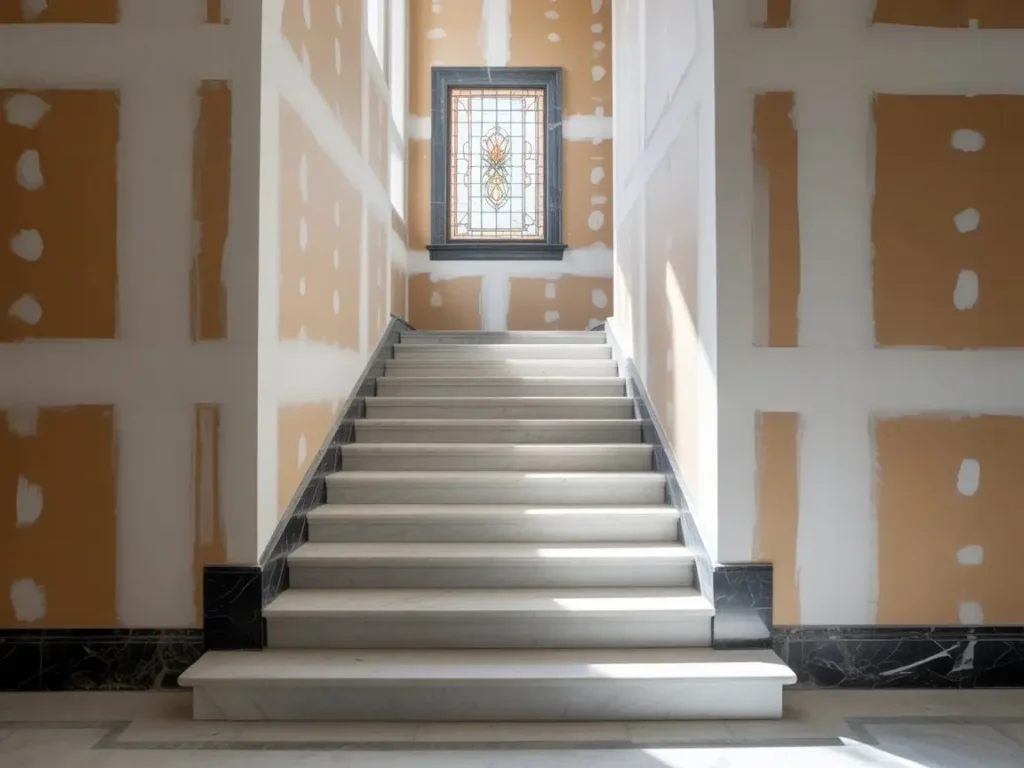 escalera de comunidad de vecinos en rehabilitación con paredes de pladur y ventana decorativa