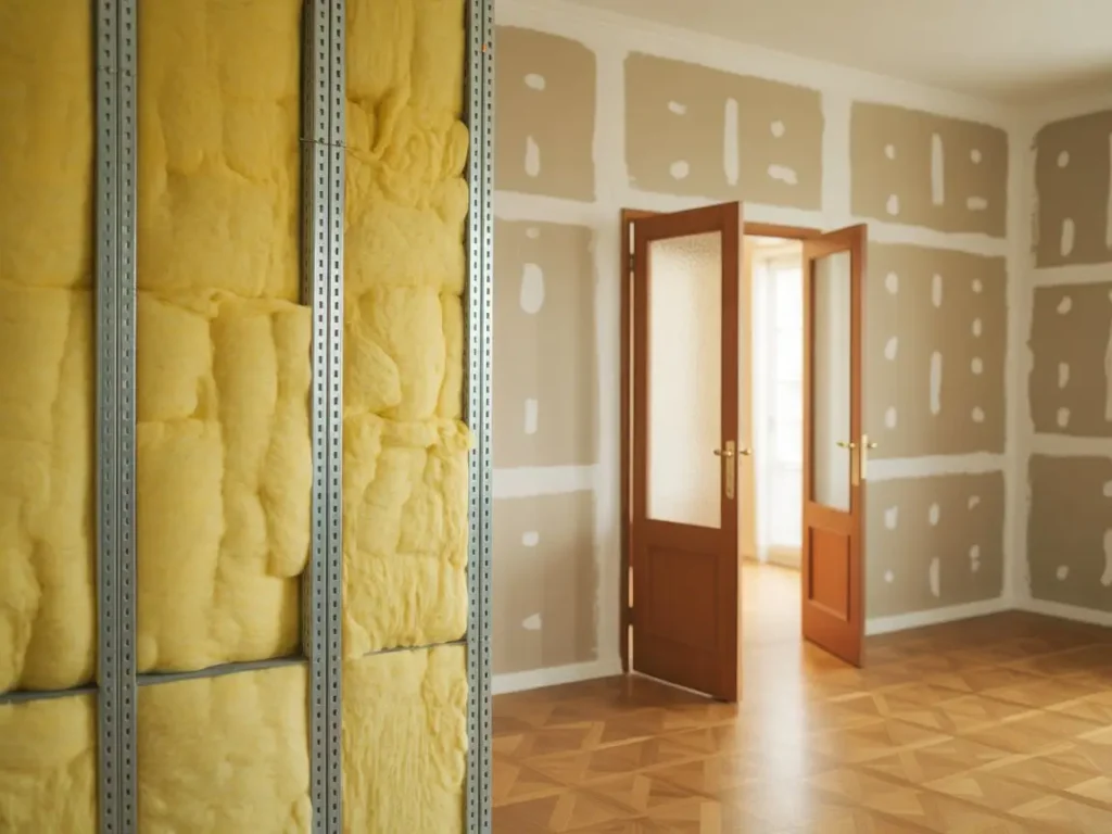 pared interior con estructura metálica y lana mineral como aislamiento térmico en vivienda