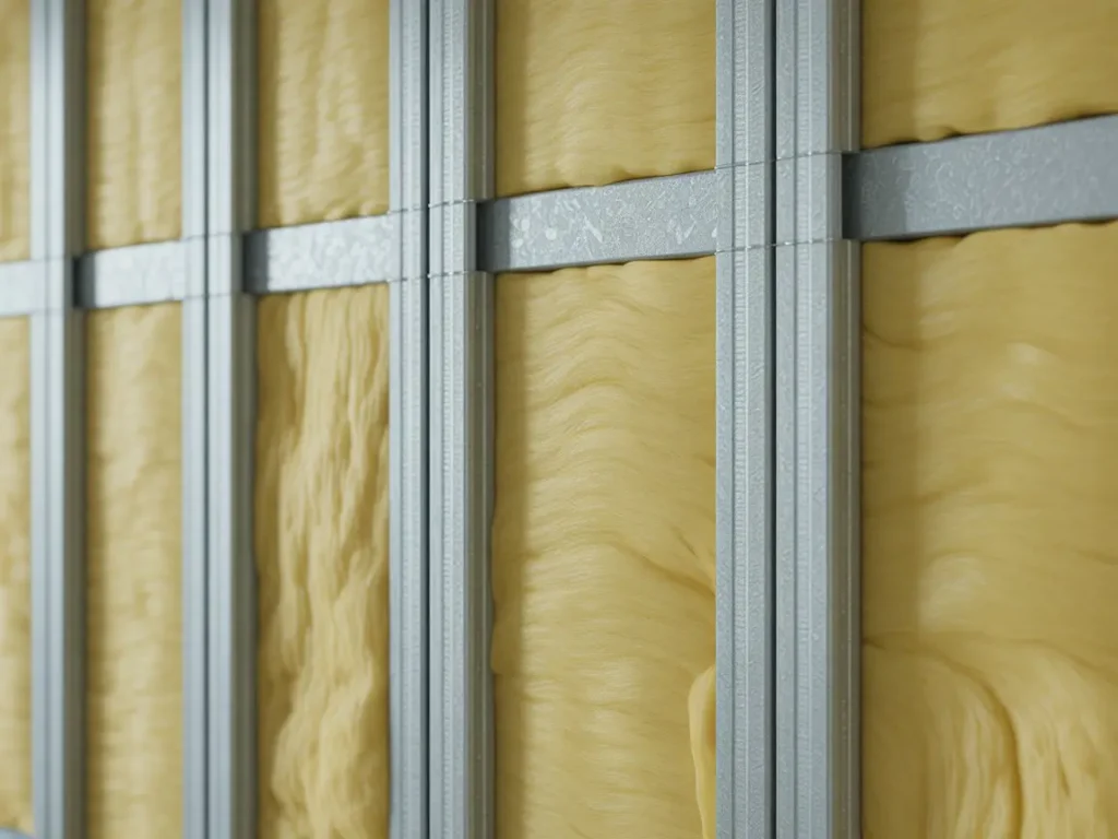 detalle de estructura metálica con aislamiento de lana mineral para tabiques dobles de pladur