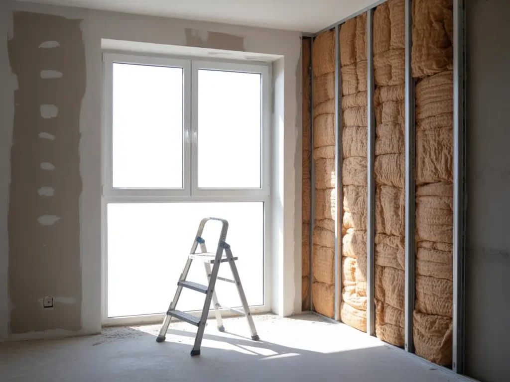 Instalación de aislamiento térmico en paredes de pladur con estructura metálica y escalera.