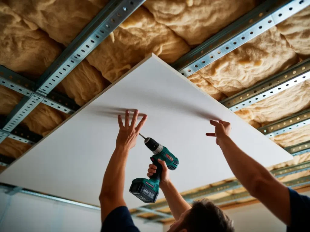 Colocacion de panel mientras se realiza aislamiento termico en techos de pladur con estructura.