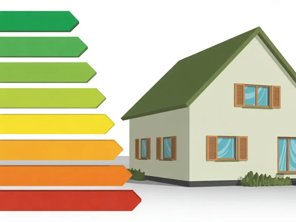 Escala de colores junto a vivienda representando aislamientos de alta eficiencia energética.