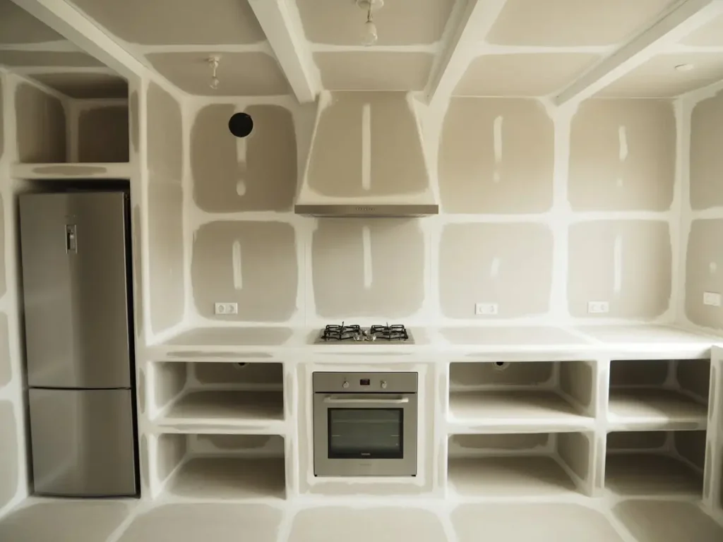 Muebles cocina pladur sin terminar con estantes abiertos y encimera integrada alrededor de electrodomésticos