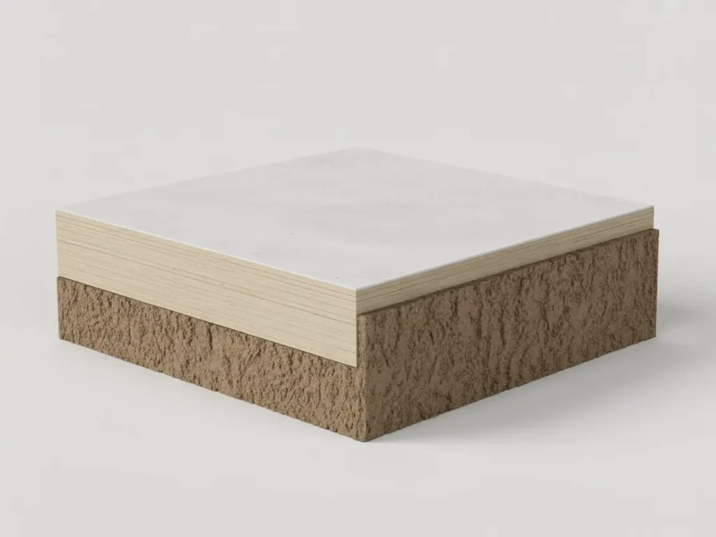 Panel seccionado con placas de pladur y aislante incorporado mostrando capas del sistema.