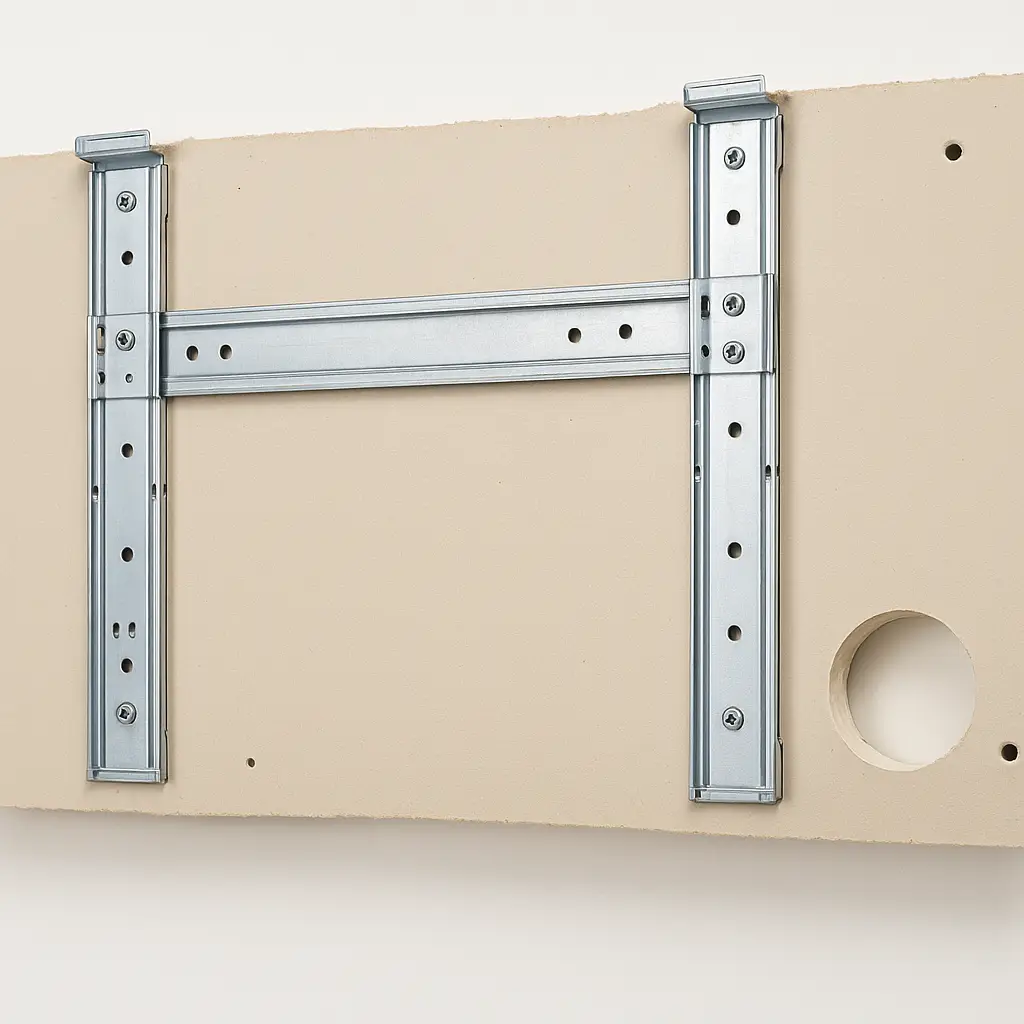 Estructura metálica instalada en panel de pladur utilizada como refuerzos para equipos de climatización