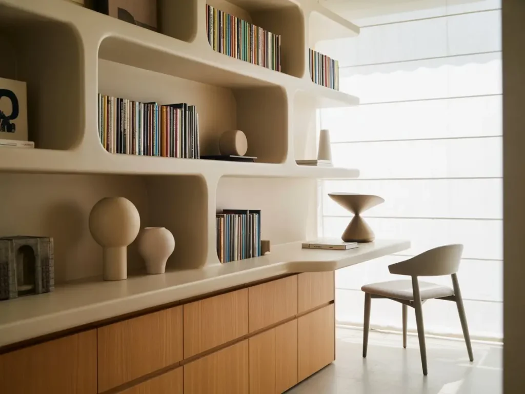 Estantería integrada con libros y objetos decorativos mostrando refuerzos para estanterías y baldas pladur