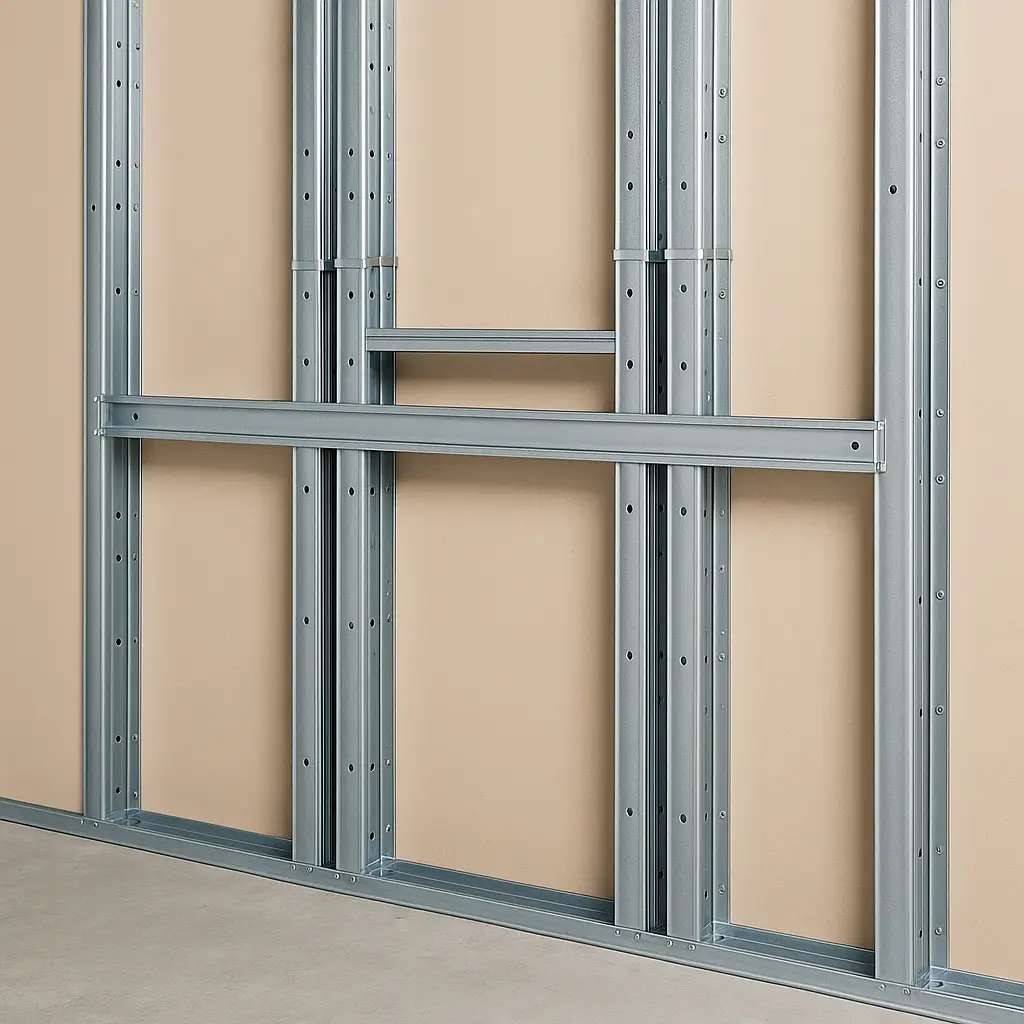 Doble perfilería metálica instalada en pared de pladur como refuerzos estructurales internos