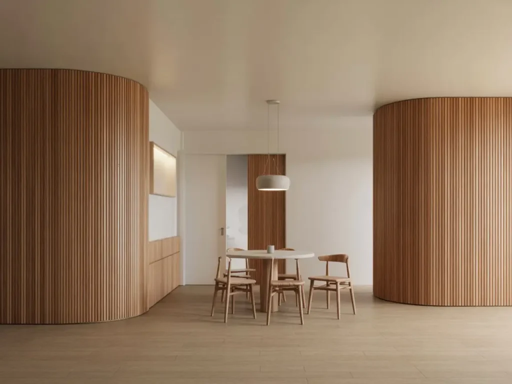 Zona de comedor en oficina moderna con paredes curvas que requieren refuerzos en instalaciones