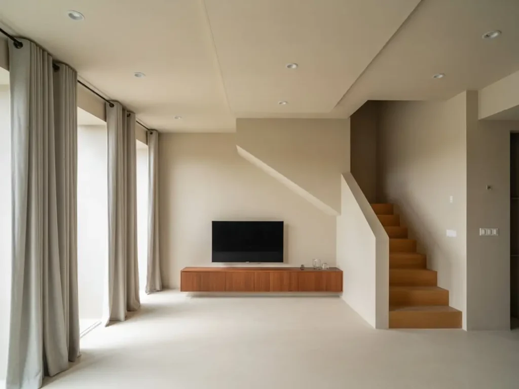 Salon con televisor colgado y mueble suspendido mostrando refuerzos para televisores