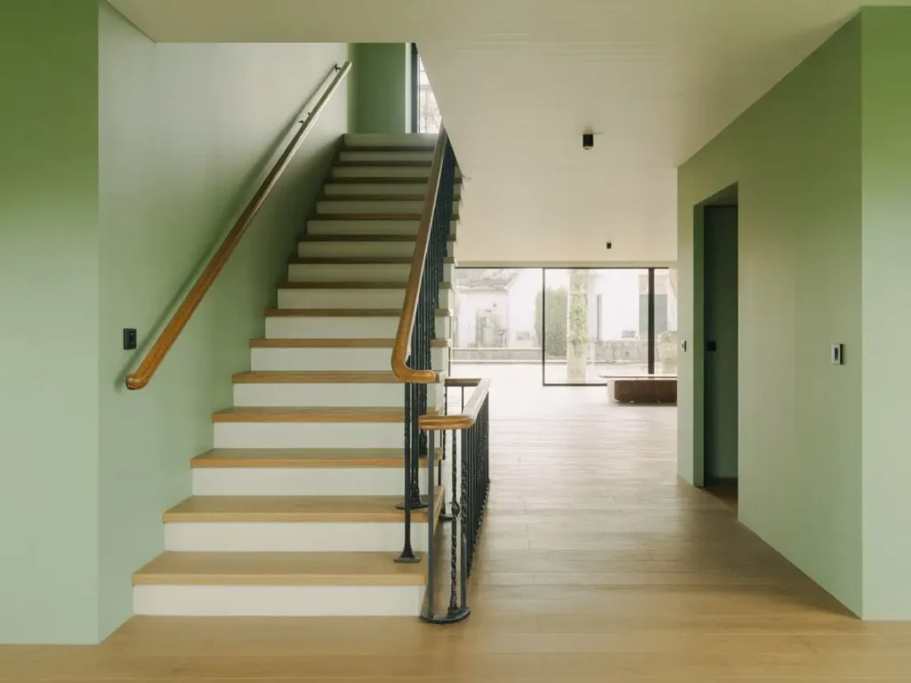 Escalera interior con barandilla y pared verde mostrando posibles refuerzos en viviendas particulares
