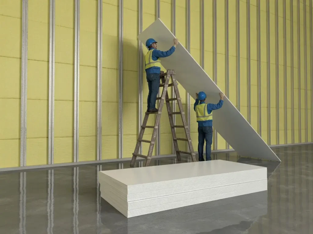 Trabajadores instalando panel en sistemas combinados de pladur lana mineral sobre estructura aislada.