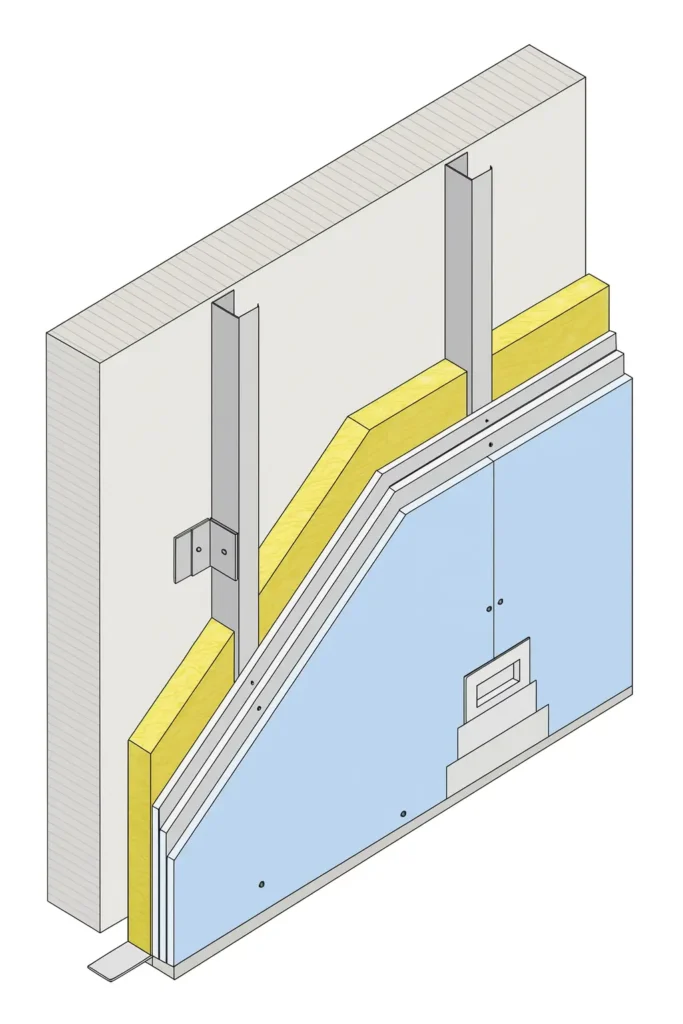 Esquema de trasdosado autoportante con perfilería y paneles aislantes sobre muro de ladrillo.