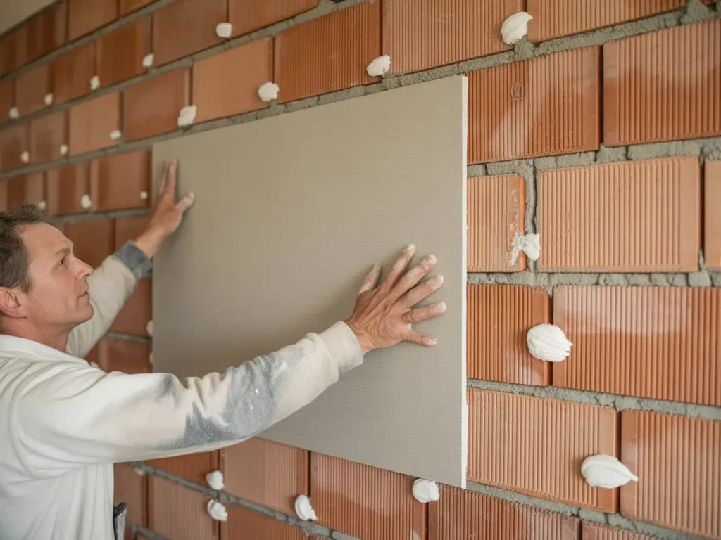 Trabajador coloca panel sobre pared de ladrillo usando trasdosado directo adhesivo aplicado previamente.