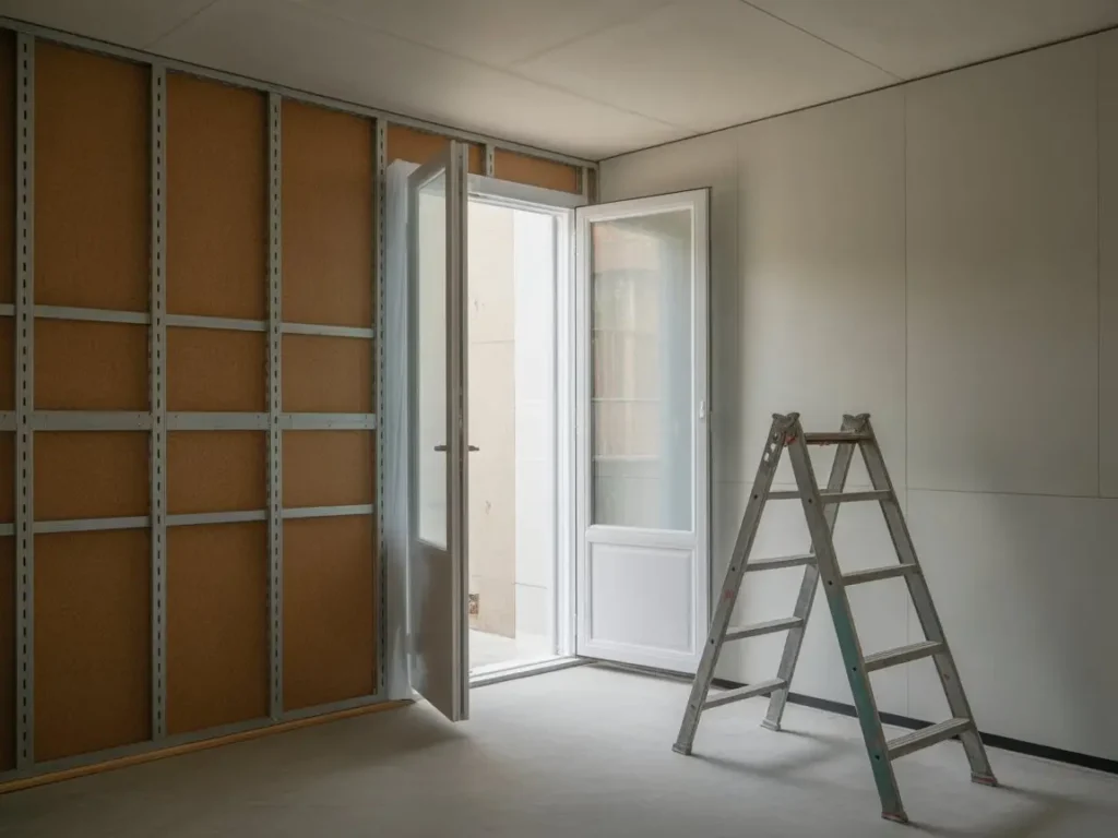 Interior en obra con trasdosados con aislamiento termico, estructura metalica y escalera plegable.