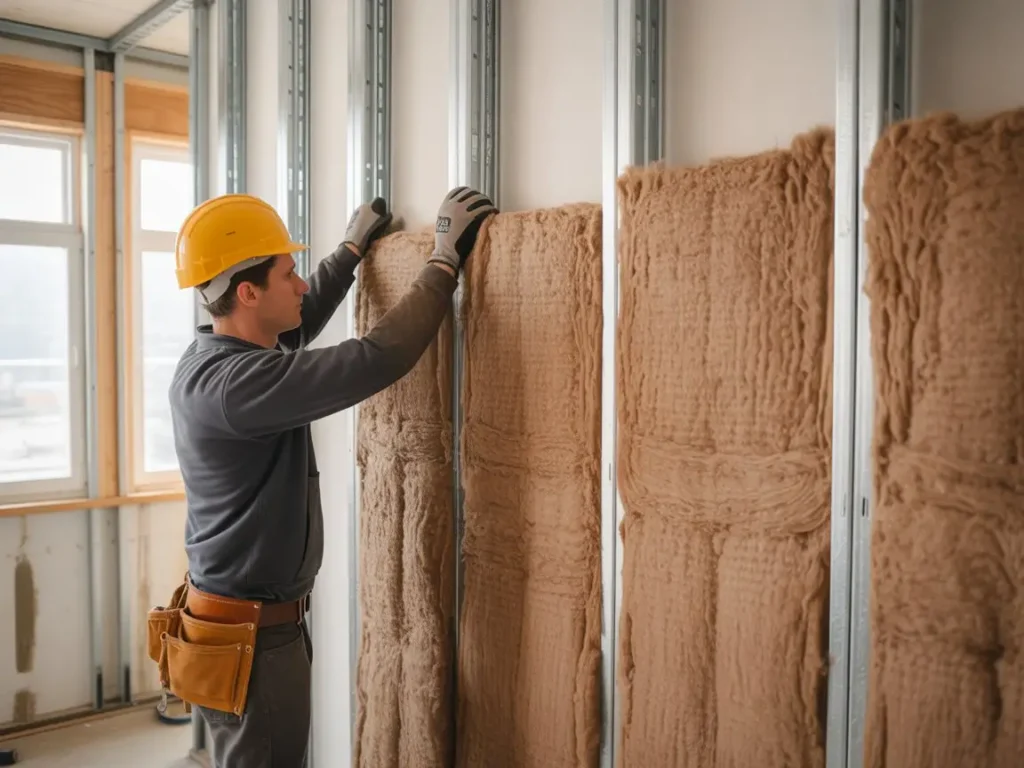 Operario coloca panel aislante en estructura metálica interior usando trasdosados aislantes para mejorar confort.
