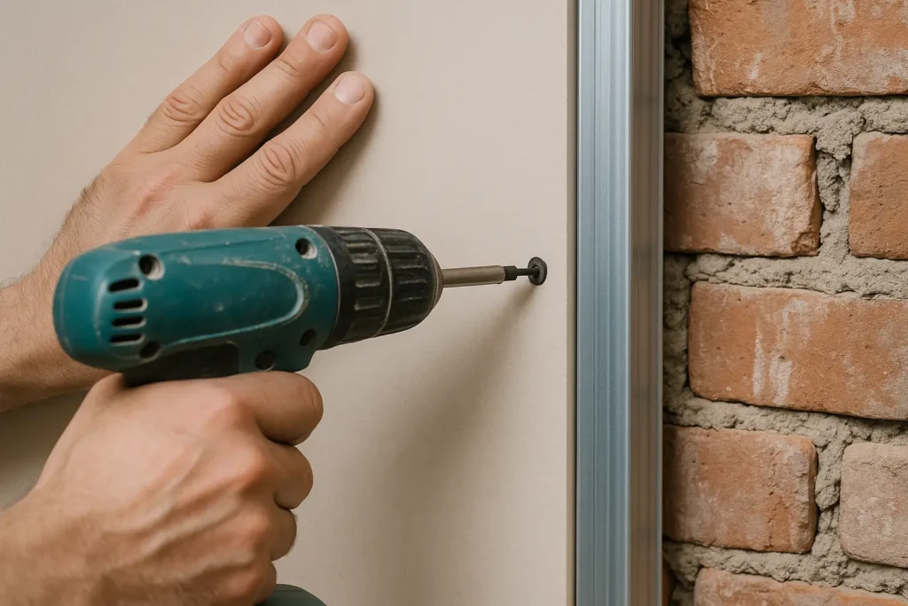 Manos fijan panel a estructura metálica para trasdosados para regularización de paredes interiores.