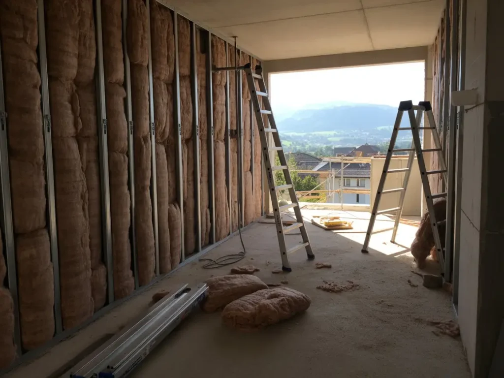 Instalación de aislamiento en estructura metálica mediante trasdosados renovaciones reformas integrales en obra.